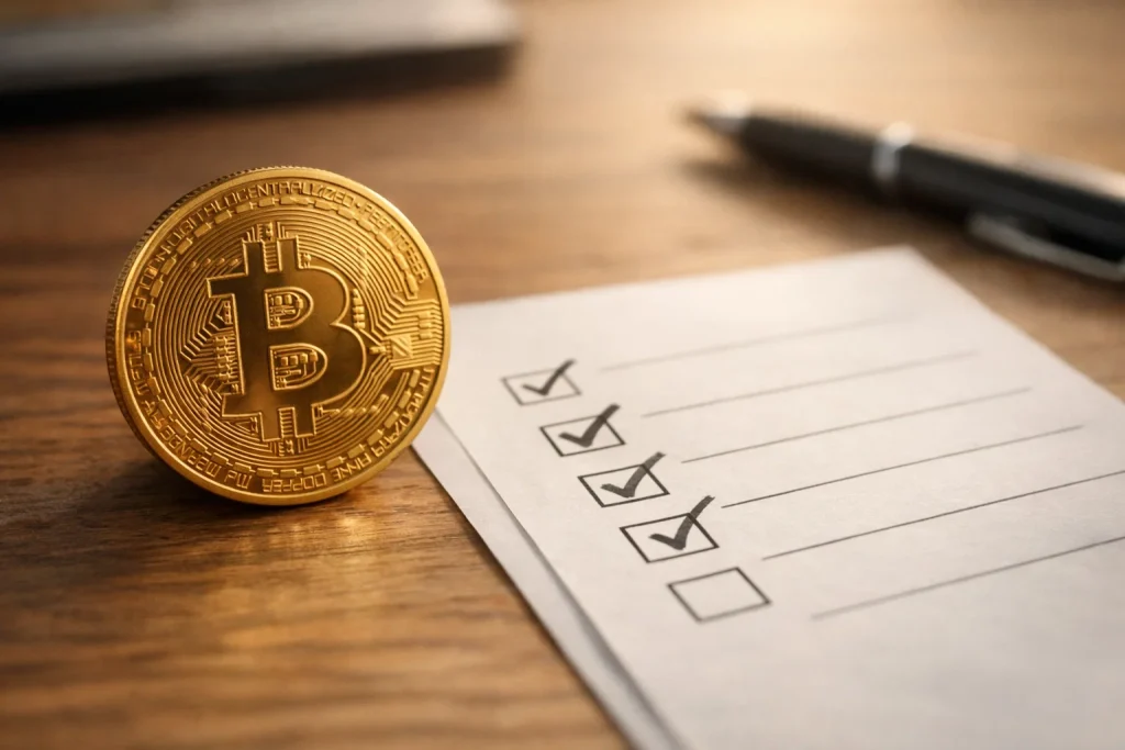 Kryptomynt bredvid en checklista för utvärdering av spelbolag