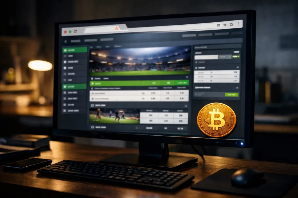 Digital skärm som visar en olicensierad bettingsida med bitcoinsymbol