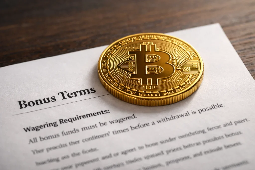 Bitcoin-mynt ovanpå ett bonusdokument med omsättningskrav