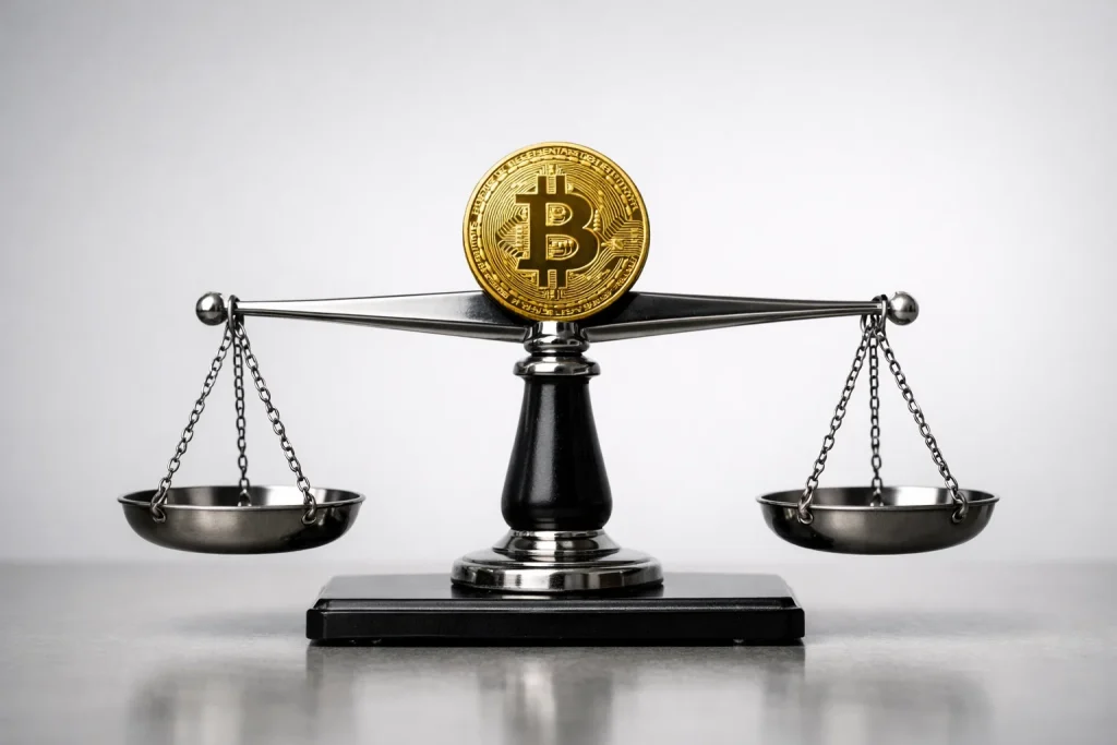 Vågskål med bitcoinsymbol på ena sidan och varningsikon på den andra