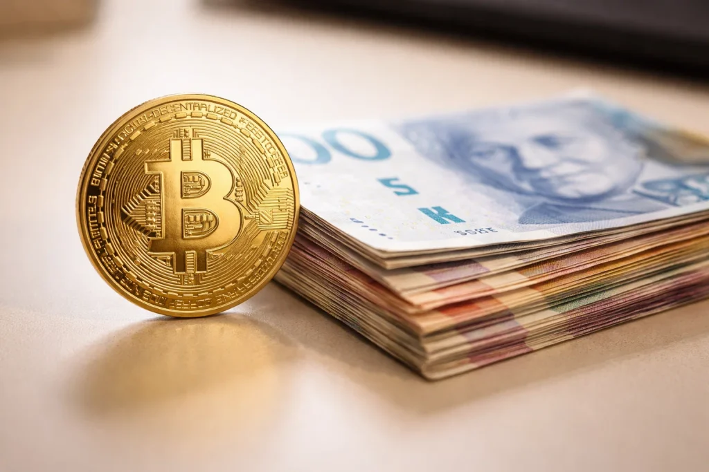 Jämförelse mellan bitcoinmynt och svenska sedlar framför oddsnoteringar