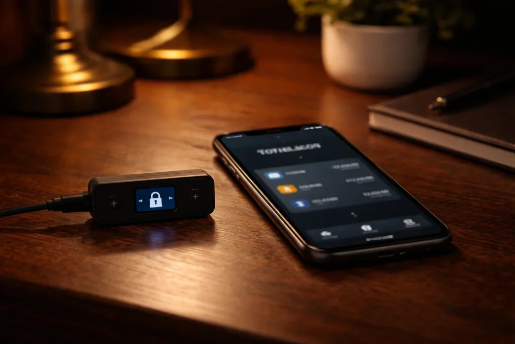 Bitcoin hardware wallet och mobiltelefon med walletapp