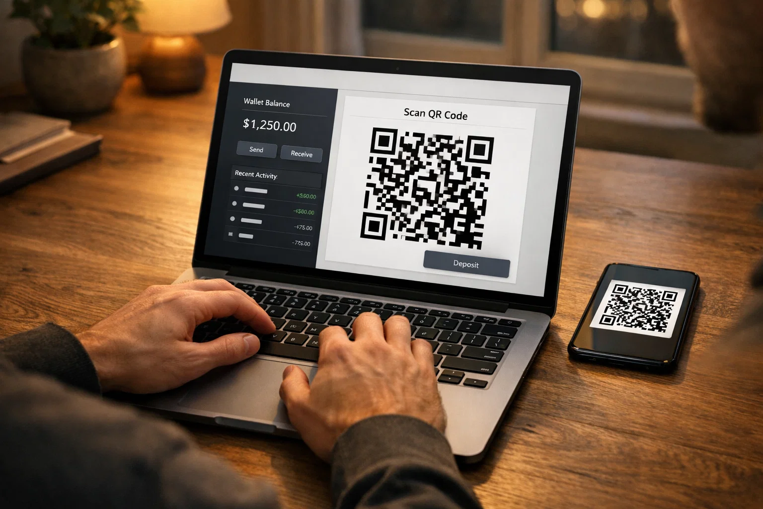 Person vid laptop som gör en insättning från en Bitcoin-plånbok till en bettingsida