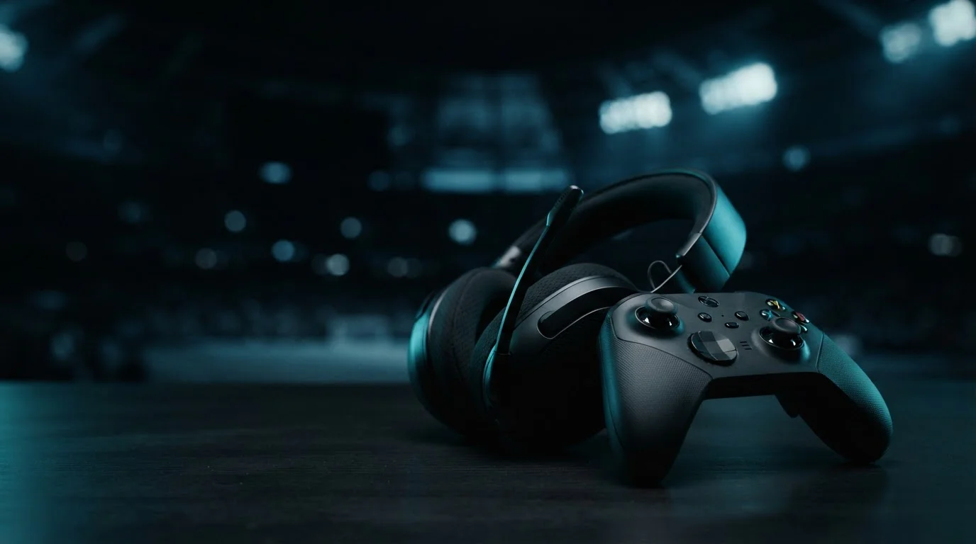 Gamingheadset och handkontroll framför belysta arenalampor för e-sport