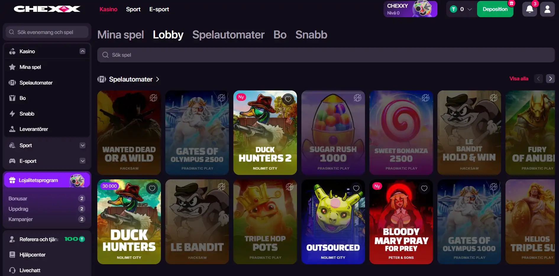CHEXX spellobby med spelautomater, livecasino och flera filterkategorier