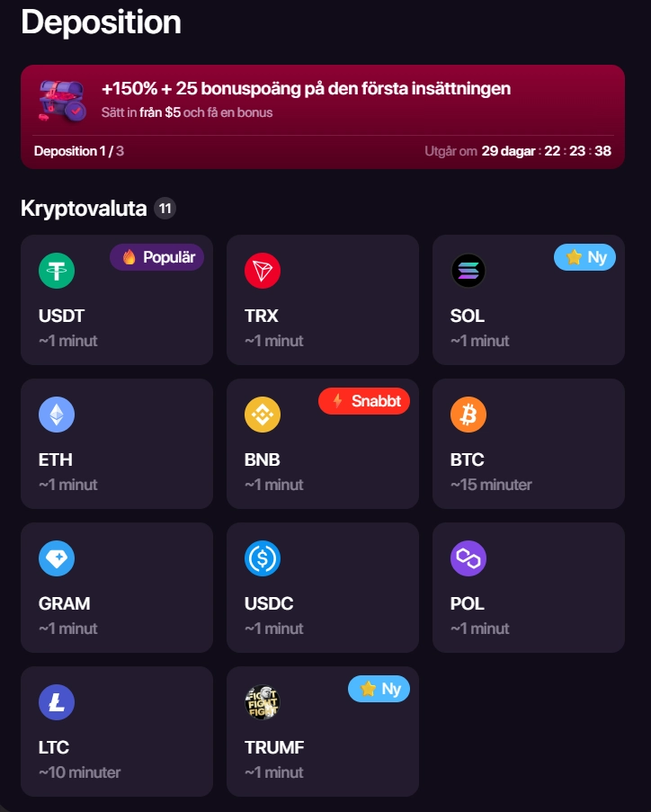 Insättningsfönster med val av kryptovaluta, nätverk och adressfält
