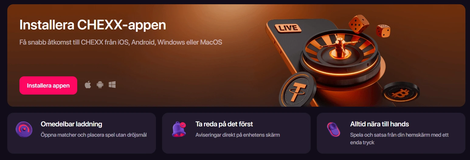 CHEXX sida för PWA-installation på mobil och dator
