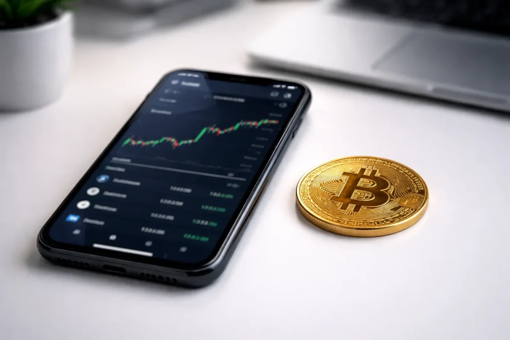 Svensk bankapp och kryptomäklare visas på en mobilskärm