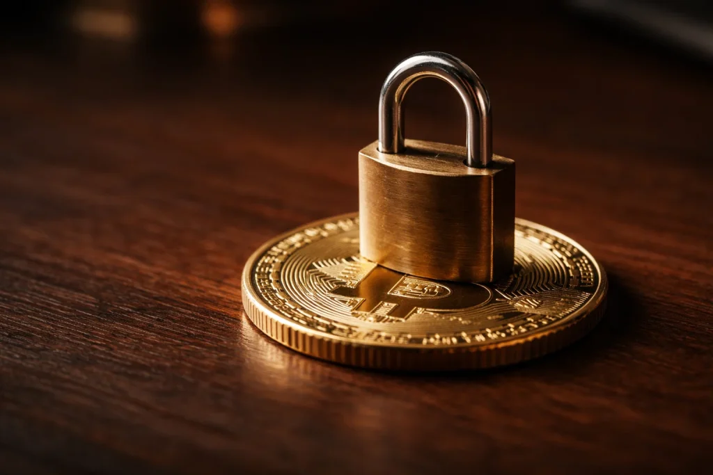 Digital sköld skyddar bitcoinlogotyp mot varningssymboler