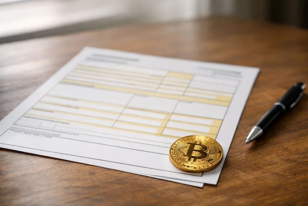Deklarationsblankett med bitcoinsymbol ovanpå skattedokument