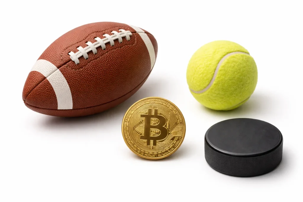 Collage av olika sportbollar med bitcoinsymbol i mitten