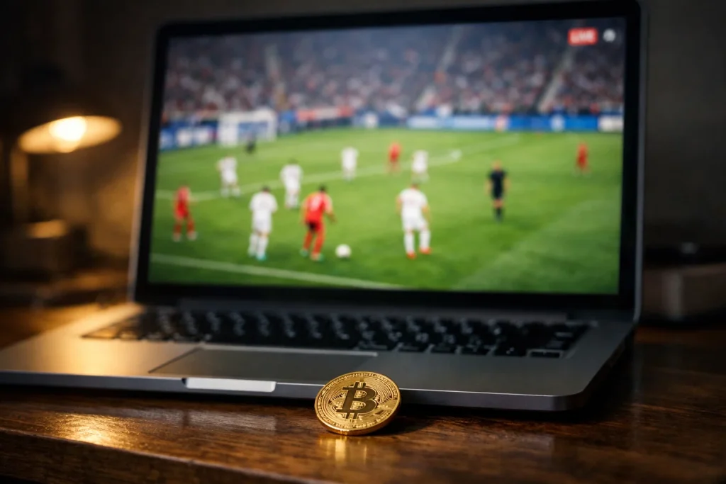 Liveoddsskärm med bitcoinsymbol under en fotbollsmatch