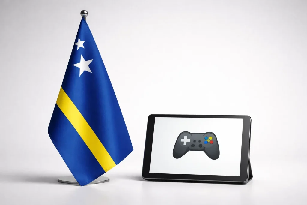 Curaçaos nationsflagga bredvid en digital spelikon