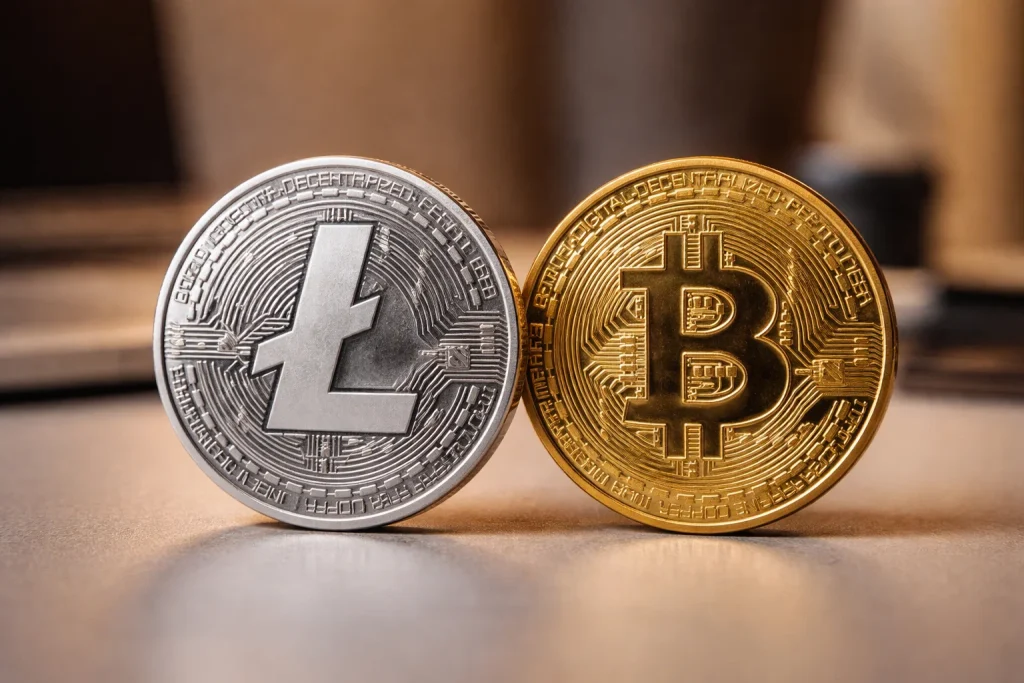 Litecoin-logotyp bredvid silverfärgade mynt