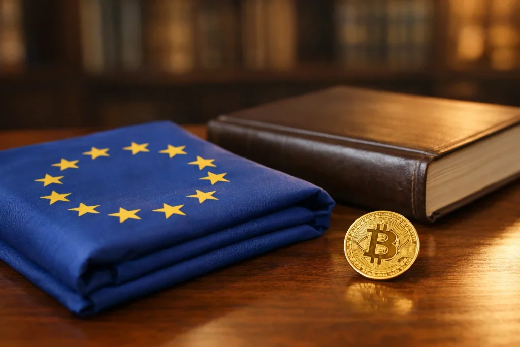 EU-flagga och kryptosymboler bredvid regleringsdokument