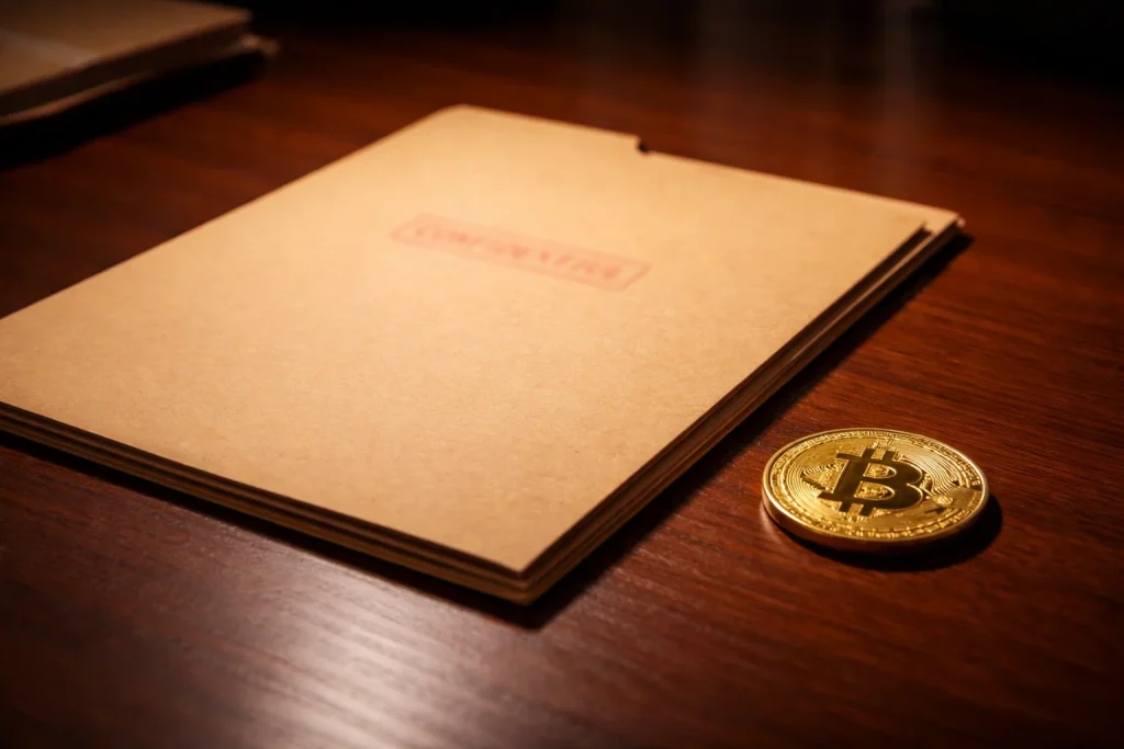 Spelinspektionens symbol bredvid bitcoinlogotyp och svenska regleringsdokument