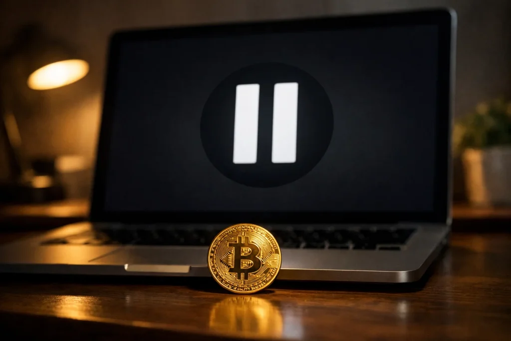 Spelpaus-symbol bredvid ett bitcoinmynt med varningsskylt