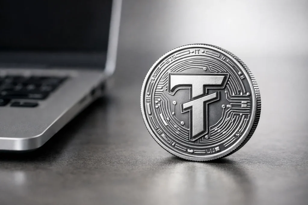 USDT-logotyp bredvid en stabil kurvgraf